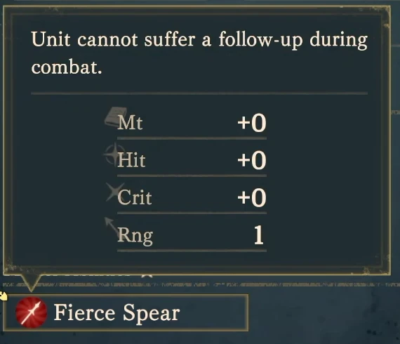Orichaldia's Fierce Spear description, with its effect, Might, Hit, Critical, and Range on the same screen.
