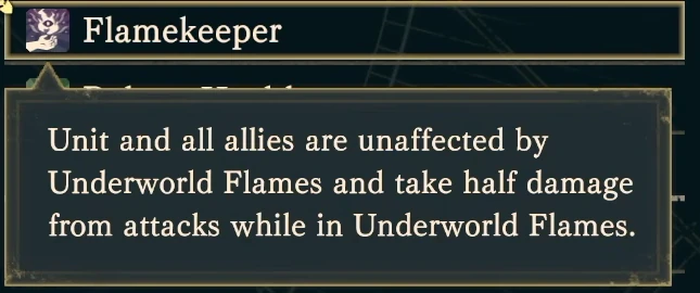 Flamekeeper's full effect description, including the terrain condition required to halve damage.