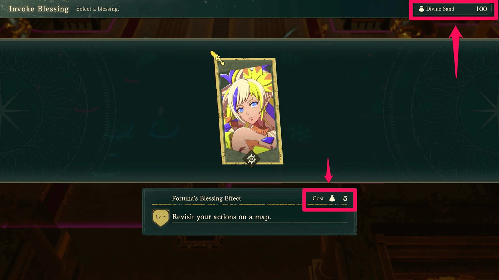 Fortuna's Blessing activation list shows remaining sand at the upper right and the current cost in the bottom red box. Check both before activating (English interface).