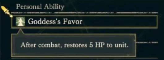 Sirocco's personal ability: restores 5 HP to himself after combat. The description does not require a kill or an evasion.