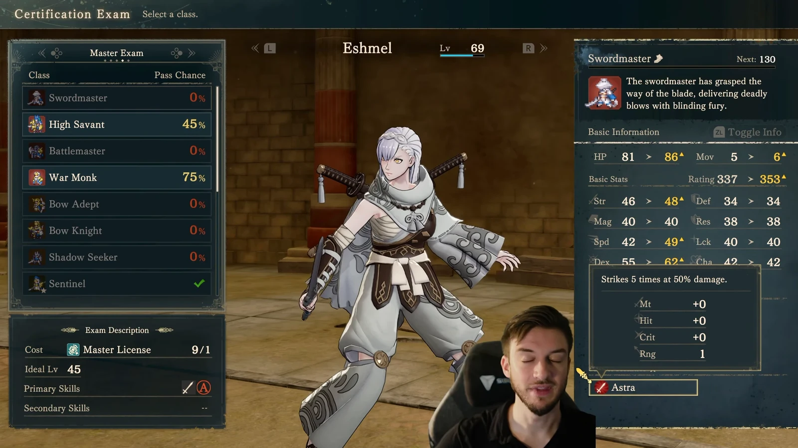 Swordmaster exam screen: the lower right describes Astra as 5 hits at 50% damage each and range 1. The lower left lists recommended level 45 and Sword A; the current pass rate is still 0%.