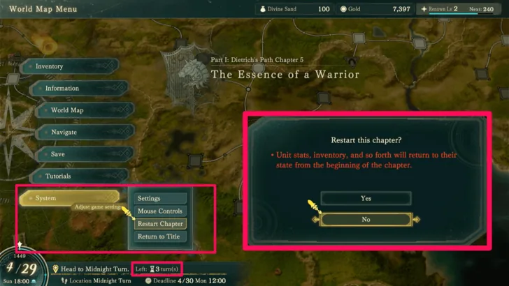 Restarting opens a confirmation warning that proficiency, items, and other progress return to chapter start.