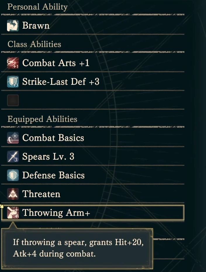 Esmeralda's throwing-spear ability grants Hit +20 and Attack +4 when using a throwing spear. The upgraded ability is highlighted.