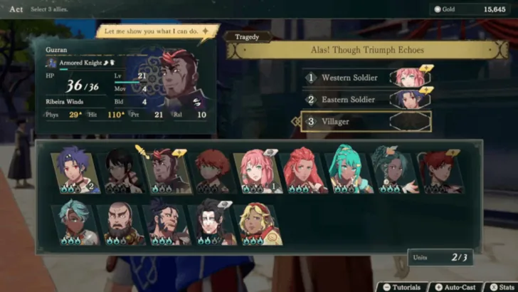 Theater casting screen: three role slots at the top, companion portraits below, and the current candidate's motivation and condition on the left. (English interface)