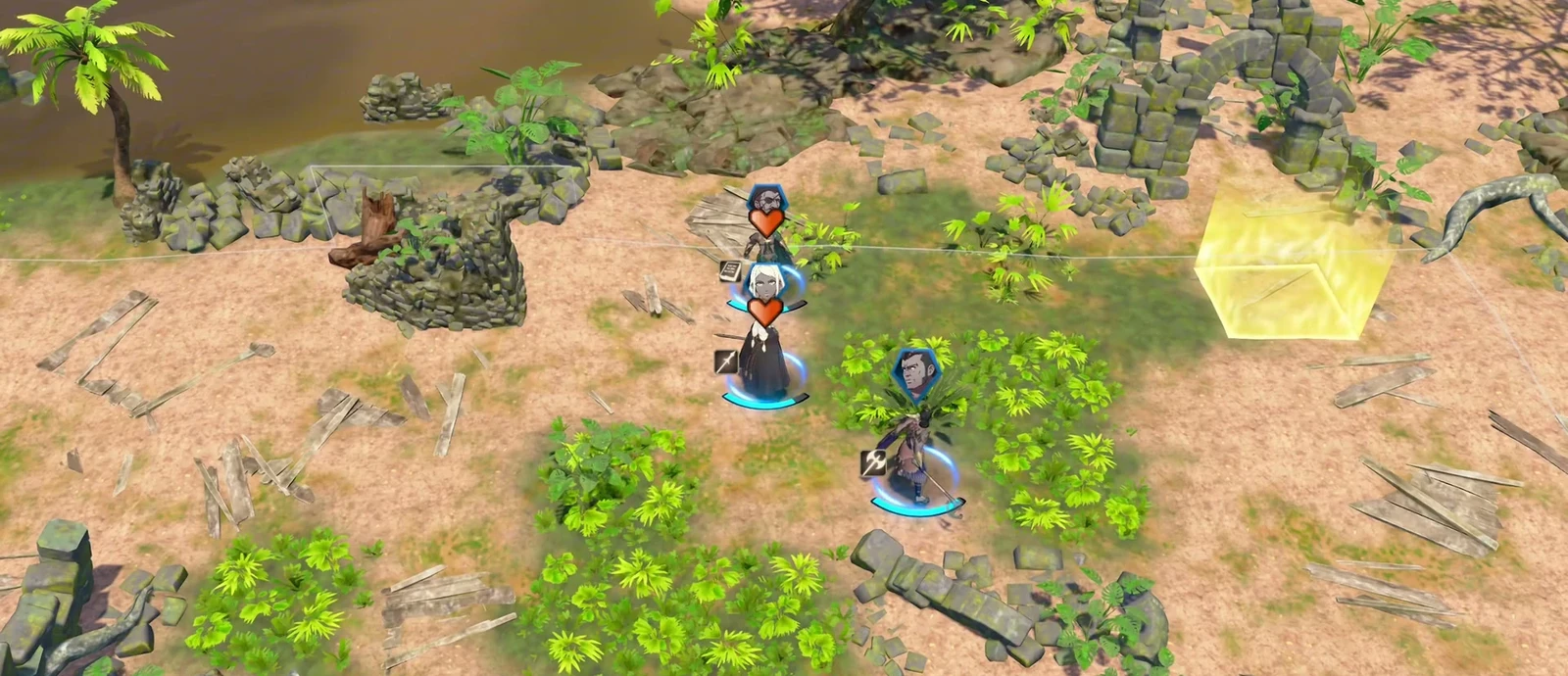 The glowing yellow tile in the upper right is the first half’s objective. Theodora must enter it herself; a companion occupying it does not count.