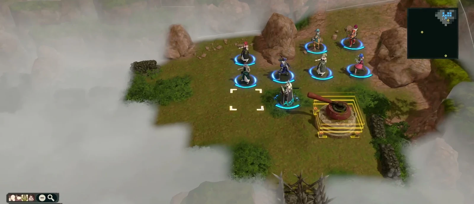 The circular device in the yellow square southeast of your squad clears fog. Reveal the map here first, then choose this action phase’s targets.