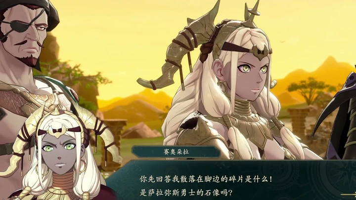 Theodora questions the thief about the warrior statue, seen from the side.
