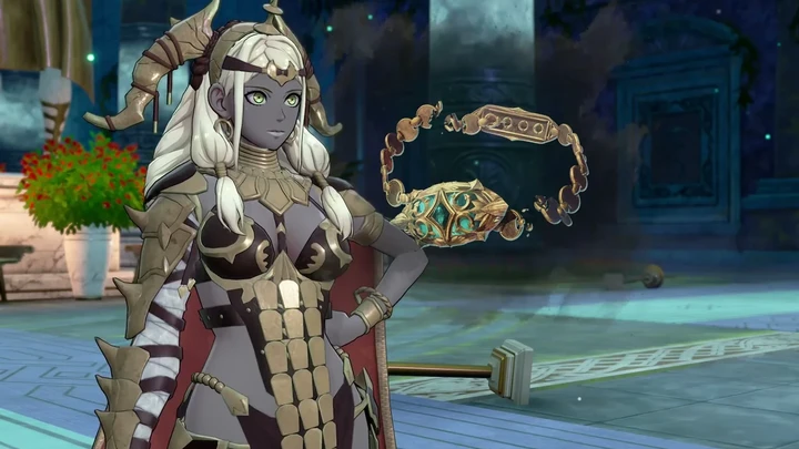 Theodora examines a floating golden bracelet in the plaza at night.