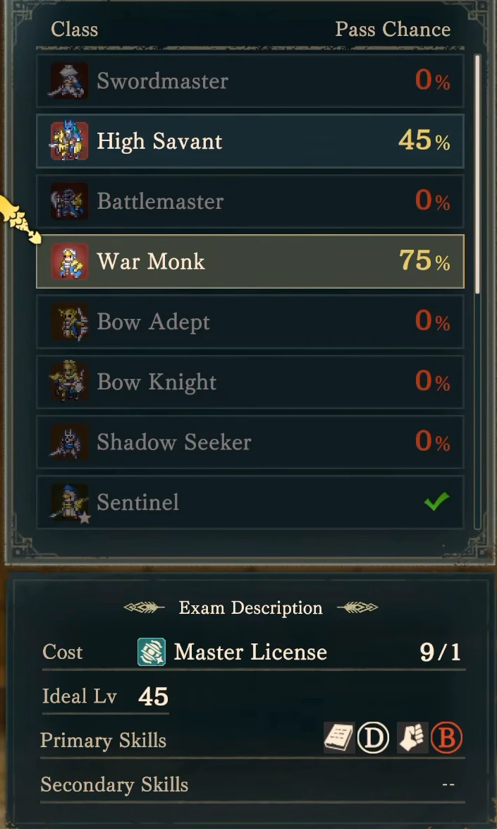 General class requirements: War Monk recommends level 45 and requires both Gauntlet B and White Magic D (English interface).