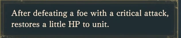 Shido mastery description: restore a small amount of HP after defeating an enemy with a critical hit.