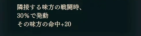 Bonaventure's adjacent Hit support: a 30% activation chance to grant an ally Hit +20.
